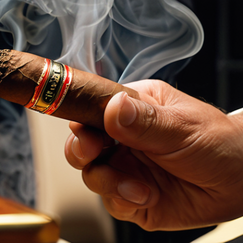 Home 17 **
A luxurious wedding reception in Malaysia. Focus on a close-up shot of a guest's hand holding a lit Cohiba Robusto cigar. Subtle smoke and elegant attire are visible in the background. The overall tone should be opulent and celebratory, reflecting the premium quality of the Cohiba.
**