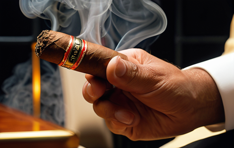 **
A luxurious wedding reception in Malaysia. Focus on a close-up shot of a guest's hand holding a lit Cohiba Robusto cigar. Subtle smoke and elegant attire are visible in the background. The overall tone should be opulent and celebratory, reflecting the premium quality of the Cohiba.
**