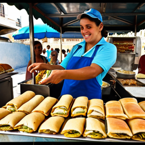 Home 16 **Cuban Sandwich Stall:** A bustling Cuban street scene. Focus on a food stall with a vibrant display of Cuban sandwiches ("Cubanos"). Show a vendor pressing a sandwich, golden and delicious. Include details like pickles, cheese, and pork.