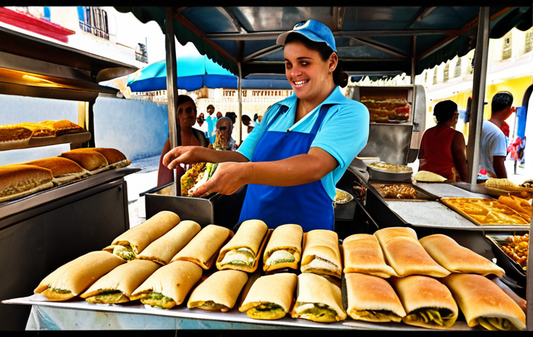 **Cuban Sandwich Stall:** A bustling Cuban street scene. Focus on a food stall with a vibrant display of Cuban sandwiches ("Cubanos"). Show a vendor pressing a sandwich, golden and delicious. Include details like pickles, cheese, and pork.