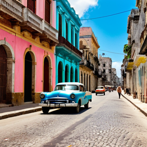 Home 9 **Colorful Havana Street Scene:** A vibrant street in Old Havana (Habana Vieja), Cuba. Classic, brightly painted colonial buildings line the cobblestone street. A vintage American car is parked nearby. People are walking and enjoying the lively atmosphere under a sunny sky. Salsa music drifts from an open doorway.
