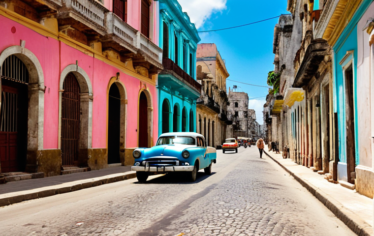 **Colorful Havana Street Scene:** A vibrant street in Old Havana (Habana Vieja), Cuba. Classic, brightly painted colonial buildings line the cobblestone street. A vintage American car is parked nearby. People are walking and enjoying the lively atmosphere under a sunny sky. Salsa music drifts from an open doorway.