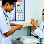 **

"A Malaysian doctor in a modern, well-lit clinic, fully clothed in a clean lab coat and baju kurung, interacting compassionately with a young patient and their parent. The clinic features posters promoting healthy eating and hygiene. Safe for work, appropriate content, professional, modest, family-friendly, perfect anatomy, correct proportions, natural pose, well-formed hands, proper finger count, natural body proportions, high quality, professional photography, no medical procedures visible."

**